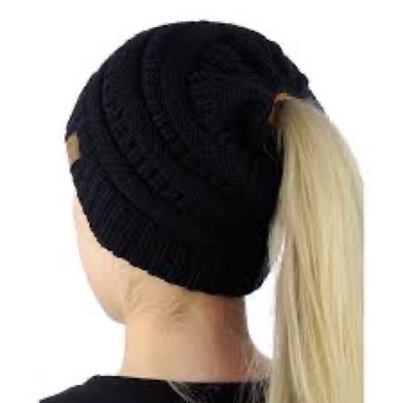 C.C BeanieTail Soft Stretch Cable Knit Ponytail Beanie Hat, cream - Picture 5 of 6